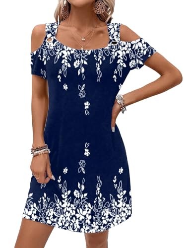 SAUKOLE Women’s Cold Shoulder Summer Short Dress Scoop Neck Cocktail Party Flowy Mini Dress with Pockets