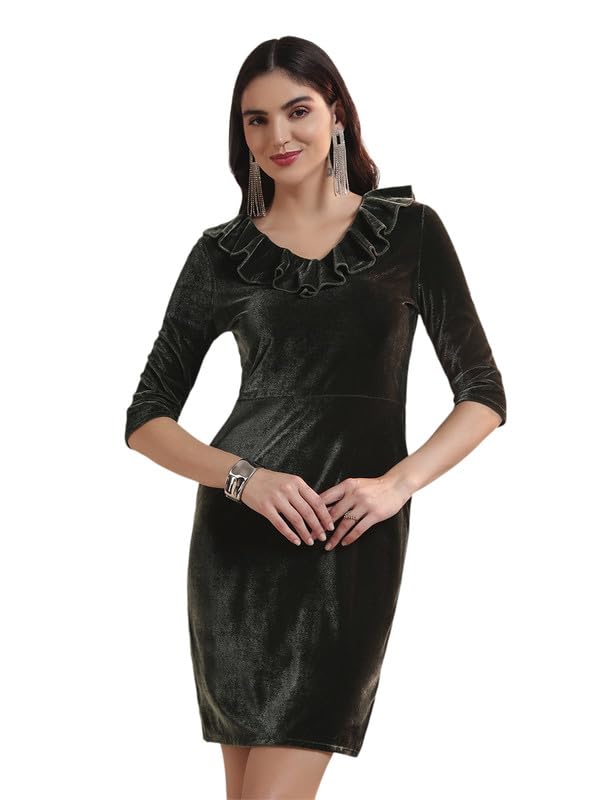Image of Vaararo V-Neck Party Dress for Women Bodycon | Shiny Velvet Half Sleeves Above Knee Length Outfit