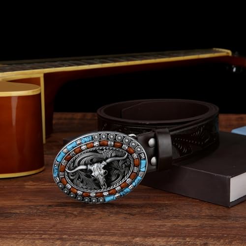Image of Mens Western Cowboy Cowgirl Faux Leather Belt Longhorn Bull Pattern Letter Big Buckle Embossed Floral Belts
