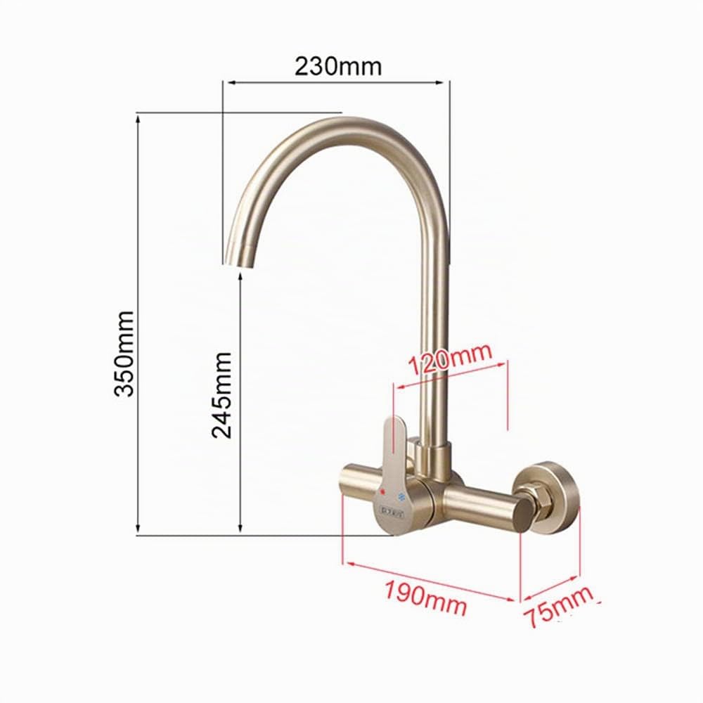 Grifo Cocina de Pared Grifos de Cocina Acero Inoxidable Agua Fria y Caliente Giratorio Doble Orificio Grifo Fregadero Cocina-Oro Cepillado