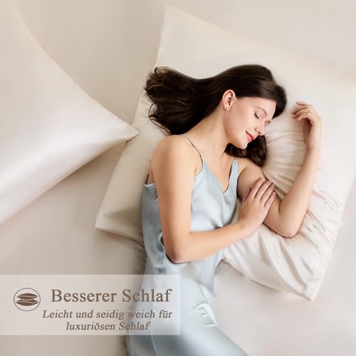 Vielit Satin Kissenbezug 80x80 2er Set & 2 Haargummis, Satin Kopfkissenbezug 80x80 Beige, Weich wie Seidenkissenbezug 80x80,Bessere Pflege als Silk Pillosecase,Kissenbezug für Haar und Haut