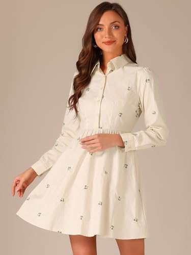 Image of Allegra K Women's Shirt Dress Long Sleeve Collared Floral Embroidered Casual Mini Dresses