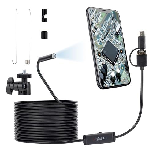 Endoscopio per Smartphone 5m Full HD, esegue Foto e Video, IP67 Impermeabile, LED Regolabili, Cavo Semi-Rigido, Compatibile USB-C Android, iPhone 15 in su e PC – Sonda Ispezione per Tubi e Scarichi