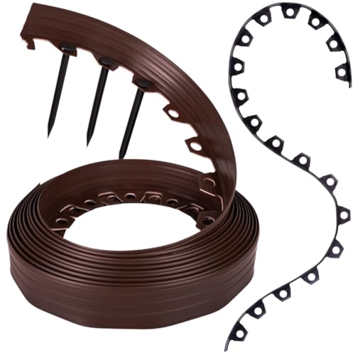 GARDENIX Flexible Rasenkante Kunststoff - Wetterbeständige Rasenabgrenzung Beeteinfassung Rund - Blumenbeet Umrandung - Braun, 10 m, 20 Erdanker, 6 cm Höhe für Gärten und Mähroboter