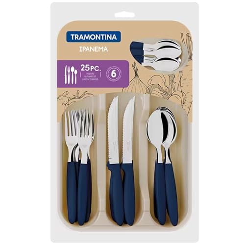 TRAMONTINA - Juego de Cubiertos Ipanema, en Acero Inoxidable, Mangos de Polipropileno, con Organizador de Cubiertos, Set para Uso Diario, Incluye 25 piezas, Color Azul