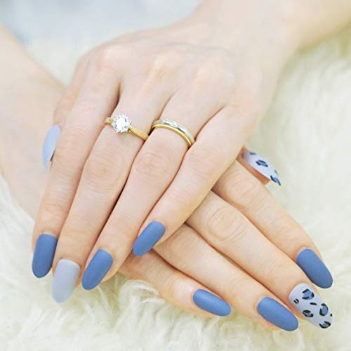 Moonique 24pc Matte Press On Nails | Medium Oval Blue Stick On Nails For Women | Full Cover Leopard Pattern False Nails With Designs | Acrylic Nails For Girls
