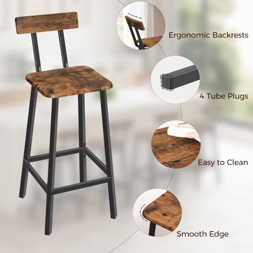 Image of MAHANCRIS Bar Stools, Set of 2 Bar Chairs with Backrest and Footrest, 26 inch Breakfast Chairs, Counter Stools for Bar, Living Room, Kitchen, and Dining Room, Rustic Brown and Black BAHR05101