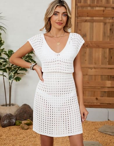 Women's Bathing Suit Cover Ups Crochet Cap Sleeve V Neck Beach Dress - image 5