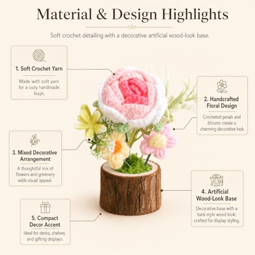 Image of Handmade Crochet Flower with Real Wood Base, 12 cm Pink White & Green Artificial Knitted Rose Bouquet for Home Office Table Shelf Desk Decor, Bedroom Living Room Gift Decoration