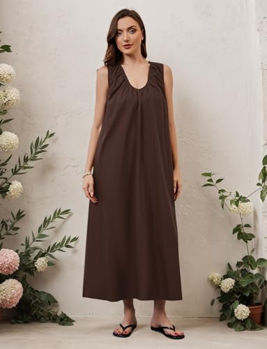 OLAPTA Women Summer Sleeveless Maxi Dress Scoop Neck Ruched Loose Fit Casual Elegant Solid Vacation Long Dress with Pockets（Small,Brown3