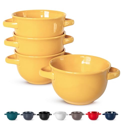 KooK French Onion Soup Bowls, Crocks, Oven Safe Bowls, Yellow