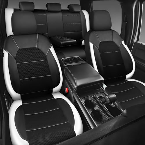 Image of CAR PASS Universal Leather Car Seat Covers Full Set with Sporty Design, Breathable All Season Easy to Clean Anti-slip Wear-Resistant Automotive Seat Covers Fit for Most Cars, SUVs, Trucks, Black White
