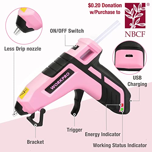 Workpro Cordless Hot Melt Glue Gun, Rechargeable Fast Preheating Mini Glue Gun Kit With 20 Pc Premium Glue Stick, Automatic-Power-Off Glue Gun For Art, Crafts, Decorations, Fast Repairs, Pink Ribbon #TOP2