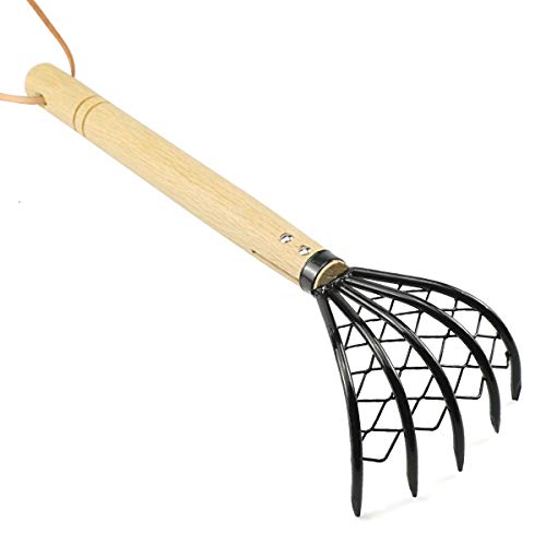 Claw Rake with Mesh Net 15 Inch Japanese Hand Rake 5-Tine Ninja Steel Clamming Claws Long Handled Shell Clam Digger Dig Seafood Accessories with Flat Cowhide Rope Lightweight Sturdy Compact