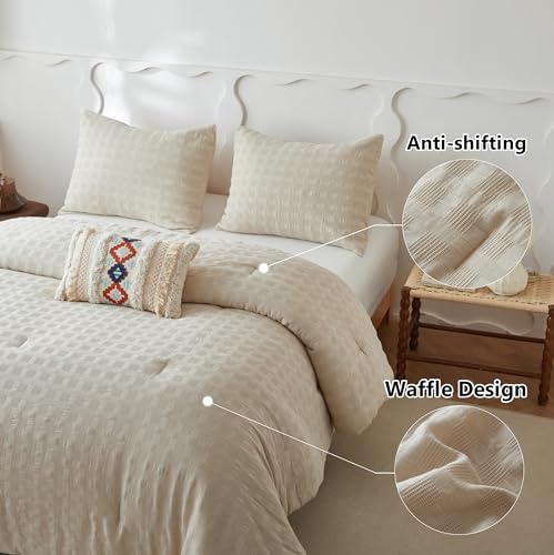 Image of Simple&Opulence 100% Cotton Waffle Weaving Comforter Set-3 Pieces Bedding Set(1 Comforter and 2 Pillowcases), Lightweight Soft Breathable Comforter Bed Sets for All Season(Khaki, King)