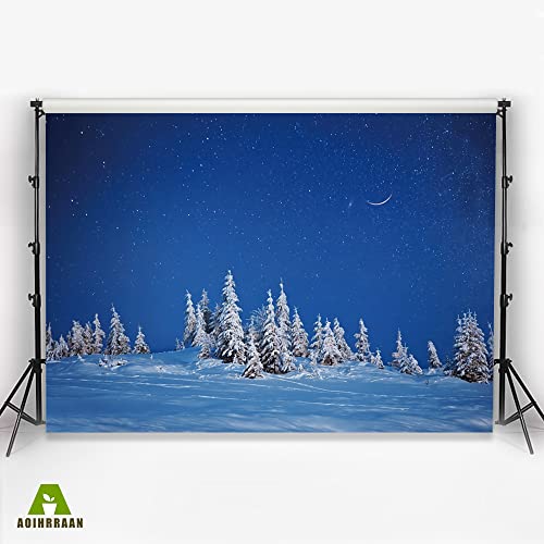 Aoihrraan 2,7x1,8m Winter Forest Backdrop Snowfield Snow Covered Fir Pine Tree Forest Cold Frost Starry Sky Natural Scenery Photography Background Baby Shower Girl Boy Kids Portrait Photo Studio Props - Image 3