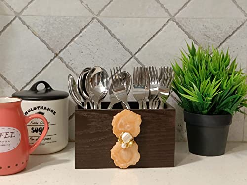 Image of COCKTAIL Fancy Wooden MDF Spoon Holder, Cutlery Stand for Dining Table, Chammach Stand, Multifunctional organizer Stand for Kitchen, Tableware Storage Box, 2 Section, Brown (Peach-Agate)