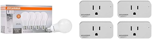 Sylvania Value - Bombilla LED, A19, equivalente a 60 W, blanco brillante 3500 K, paquete de 4 con enchufe WiFi, encendidoapagado, blanco, paquete de