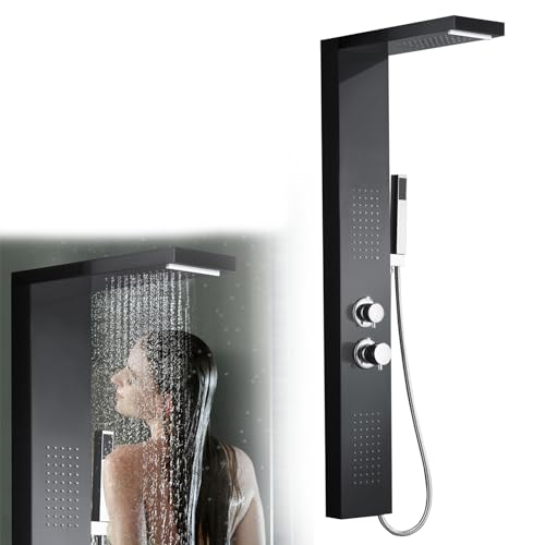 JNGLGO Panel de Ducha de Acero Inoxidable Negro Con Termostato, Columna Cepillada, Grifo Para Baño, Lluvia, Mano, Masaje y Cascada (Negro)