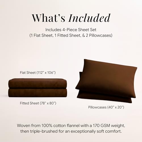 Image of Tribeca Living Triple Brushed Soft Cotton Flannel Sheets Set, King Size 170-GSM Weight Extra Deep Pocket Sheet in Solid Chocolate Color