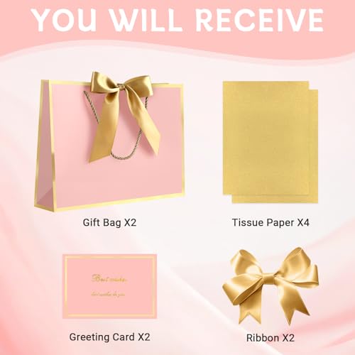 Image of JMANNI Gift Bags with Handles, 11 inch Small Gift Bags with Tissue Paper | 2 Pcs Pink Bags, 4 Tissue Paper and 2 Cards, for Baby Shower, Wedding Bridal Shower, Birthday Party