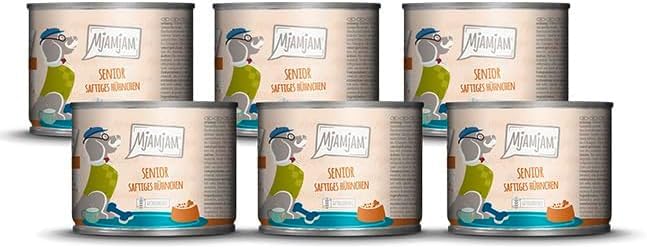 MjAMjAM - Premium Nassfutter für Hunde - Senior - saftiges Hühnchen an schmackhaften Süßkartoffeln, 6er Pack (6x200g), getreidefrei
