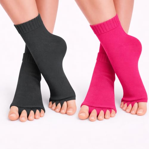 Image of Foot Alignment Orthopedic Cotton Socks for Men & Women | Five Toe Separator | Foot Pain Relief | Bunion Corrector | Plantar Fasciitis Support |Free Size | DarkGray-Pink | 2 Pair | UK8-11