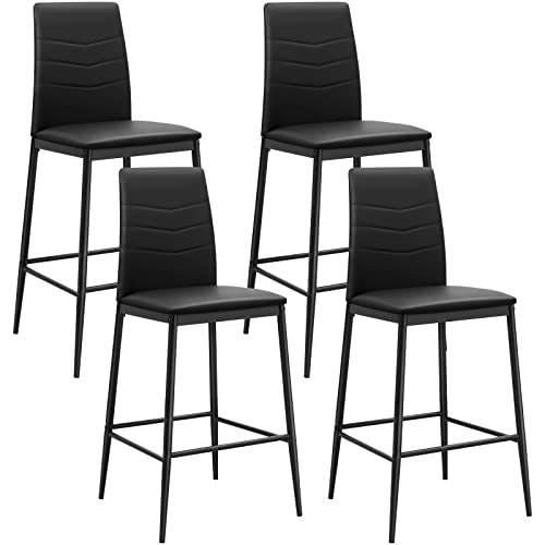 Nopurs Bar Stools Set Of 4, 26Inch Barstools, Stool Chair, Metal Legs Bar Stool,Counter Height Bar Stools, High Back Bar Chairs, Wave Curve Decor, Pu Leather Kitchen Island Chairs For Pub,Black #TOP4