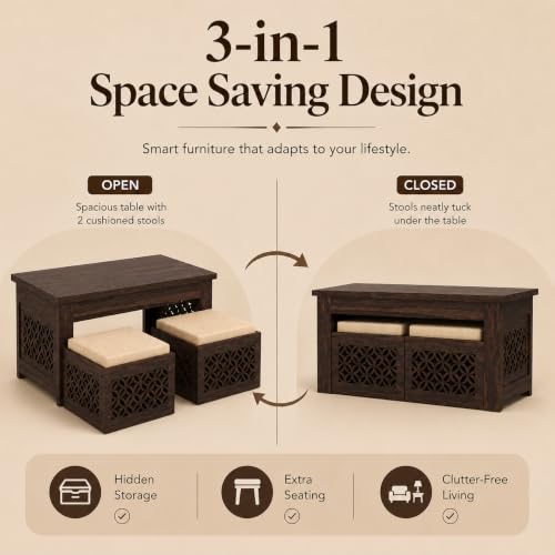 Image of Solid Sheesham Wooden Coffee Table with 2 Cushioned Stool|Teapoy Center Piece for Home Sofa Center Table for Living /Drawing Room,Hall|Space Saving Indoor Tea Table Set(Walnut Finish) CNC