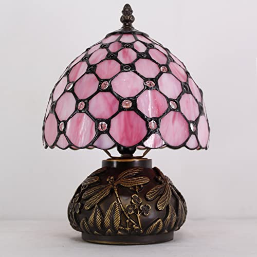 Image of WERFACTORY Small Tiffany Lamp Pink Stained Glass Mushroom Table Lamp 11Inch