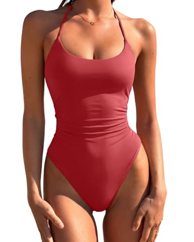 Image of LASLULU Women's One Piece Swimsuits Sexy Halter High Cut Slimming Bathing Suit Tummy Control Swimsuit
