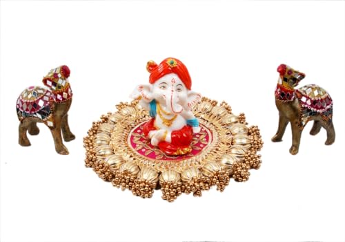 Image of Handmade Gota Patti Work Plate, Table Decor & Versatile Base for Statues, Gods, Plants | Craftsmanship with Golden Moti Detailing, Ideal Gift for Diwali, Birthdays, Housewarming