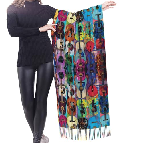 Color Acoustic and Guitars print Cashmere imitation tassel shawl Warm tassel scarf poncho shawl clothing accessory2