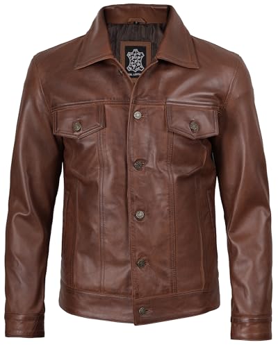 Image of fjackets Real Lambskin Vintage Trucker Leather Jacket Men - Shirt Collar Style Leather Jackets For Mens