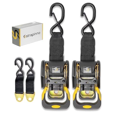 Strapinno 2PCS Retractable Ratchet Straps (1 7/8 in x 4 ft) Heavy Duty Transom Tie Downs with Extension Straps, Bolt Set & Safety Latch S-Hooks,for Boat,ATV, Trailers, Break Strength 3,000LBS/1,360KG Cover