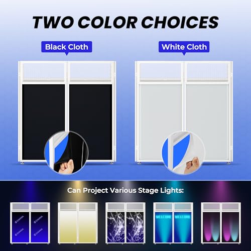 Image of CAHAYA DJ Booth Stand Portable - DJ Table Facade with Black & White Scrims DJ Stand Foldable for Laptop & Controller Double Top Corners, Storage Bag, Cable Holes, 40 inchL x 20 inchW, White