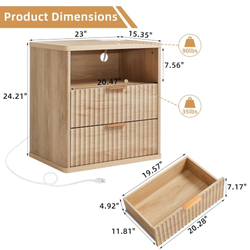 Image of LEYAOYAO Fluted Nightstand Set of 2 with Charging Station,23 inch Modern Nightstand with Wood Grain Top, 2 Drawer End Table w /Storage, BedsideTable for Bedroom, Living Room, Natural