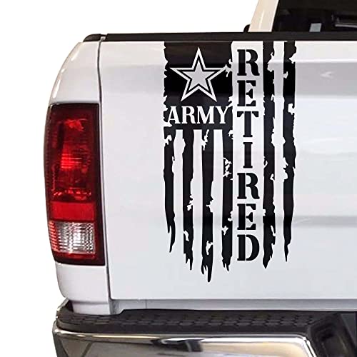 Retired Army Veteran Distressed American Usa Us Flag Truck Tailgate Vinyl Decal Compatible With Most Pickup Trucks - U.s. Army Sticker Usaf Usmc Us Navy Decal (11" X 20", Black) #TOP16