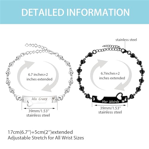 Image of 2 Couple Bracelets for men women, Love /Koi Fish /Gossip Jigsaw Puzzle Stainless Steel Heart-shaped Chain Adjustable Bracelet for Boyfriend Girlfriend Valentine's Day Gift Jewelry