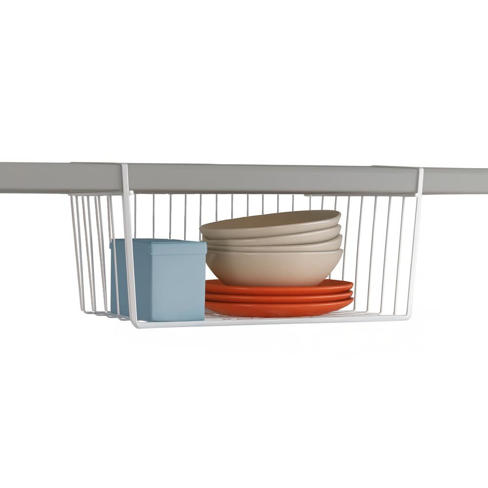 Modern Home Under Shelf Wire Storage Baskets – Hanging Organizer Rack for Cabinet, Pantry, or Closet – White Metal Basket for Kitchen, Towels, or