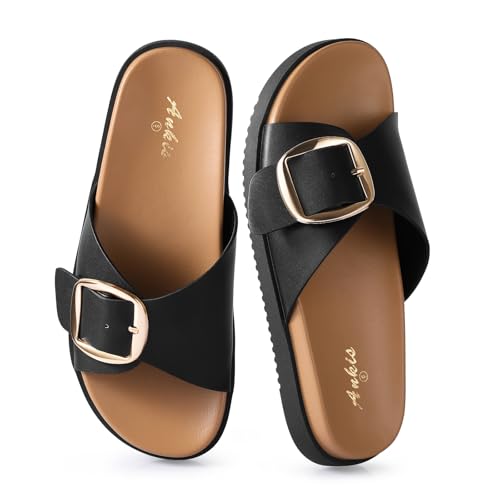 Brown Black White Flat Sandals for Women 2025,Wide Width Leather Sandals for Women Comfortable Dressy,Womens Summer Beach Sandals with Adjustable Strap and Buckle