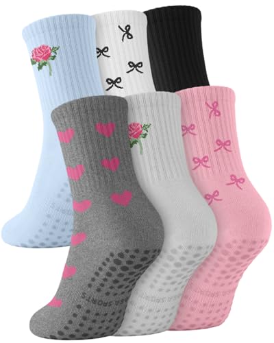 Image of Aoliks 6 Pairs Pilates Grip Socks for Women, Non-slip Yoga Athletic Socks for Barre Ballet Barefoot Workout Hospital