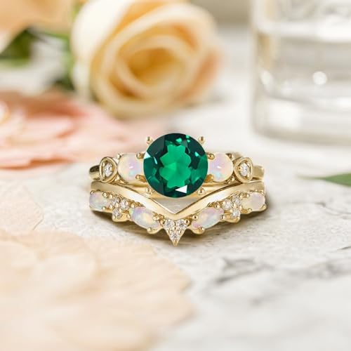 10K 14K 18K Solid Gold 1.5CT Round Shape Gemstone Engagement Ring Set for Women Birthstone Ring with Opal Vintage Bridal Wedding Rings Set Anniversary Christmas Gift Size 4-152