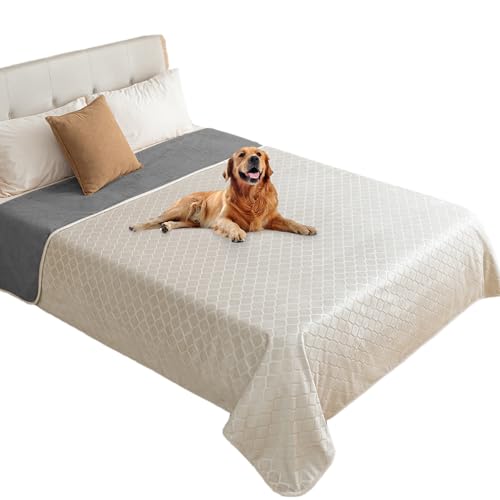 fuguitex Waterproof Dog Blanket Bed Cover Dog Crystal Velvet Moroccan Fuzzy Cozy Plush Pet Blanket Throw Blanket for Couch Sofa(82 * 82 inch, Cream+Grey)