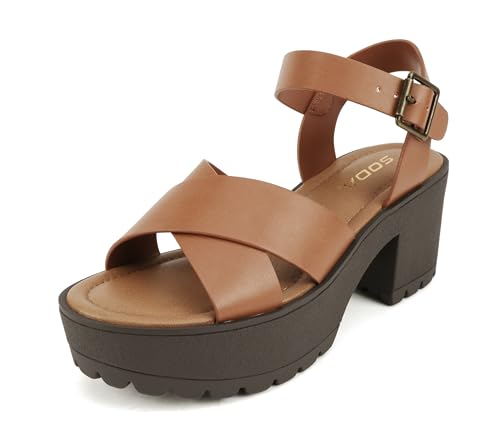 Image of Soda inchJoey inch ~ Women Open Toe Criss Cross Strap Mid Heel Sandal with Adjustable Ankle Strap