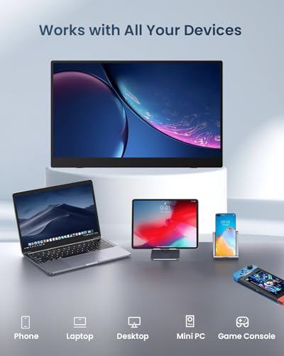 Image of 15.6 inch Portable Monitor, 1.38lbs Ultra-Light Laptop Screen Extender, 60Hz 1080P FHD IPS Travel Display with Stable VESA Mount & Smart Cover, USB C /HDMI Plug & Play External Screen for Mac Phone PS5