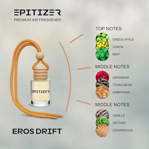 Image of Hanging Car Air Freshener Eros Drift - Premium Luxury Scent, 10ml Glass Bottle with Wooden Cap, Lasts 30-45 Days