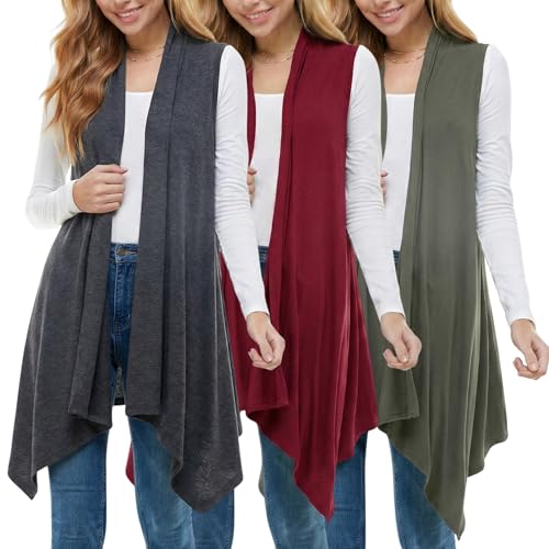Image of Azules Sleeveless Cardigan for Women, Soft Lightweight Duster Open Front Sleeveless Long Cardigan Vest (3 Pack)