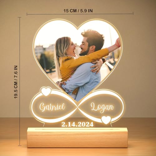 Image of SNAPTRAP Personalized Heart Infinity LED Photo Lamp with Wooden Base | Warm White Light | Customized Photo with Name Gift for Couples, Wife, Husband | Anniversary, Wedding & Valentine Gift