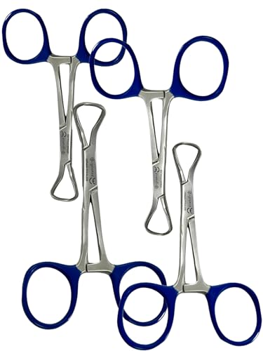 3.5in Backhaus Towel Clamps Tissue Grasping Forceps - Sharp Points Cruved, Blue Ring Handle - German Stainless Steel CE - Dental, Veterinary - (5 Count)